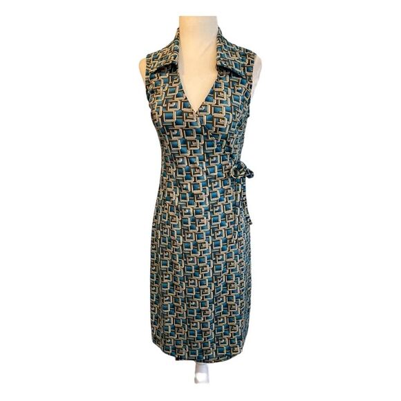 Rampage Wrap Dress Blue Brown Tan Geometric Pattern Midi Sleeveless S - Picture 2 of 7